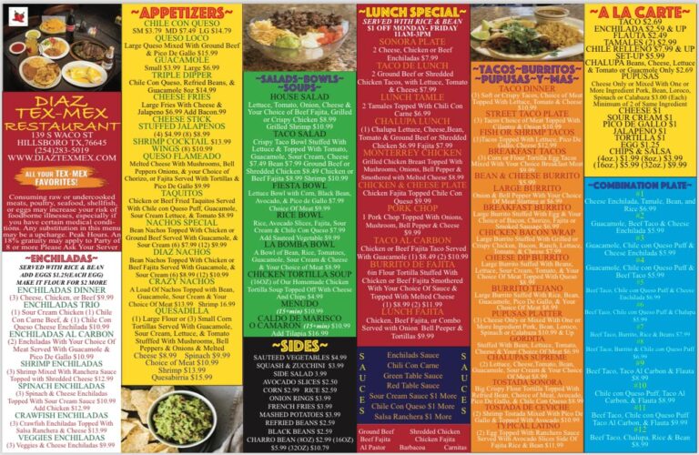 DiazTex Mex Hillsboro Texas menu 1 768x500