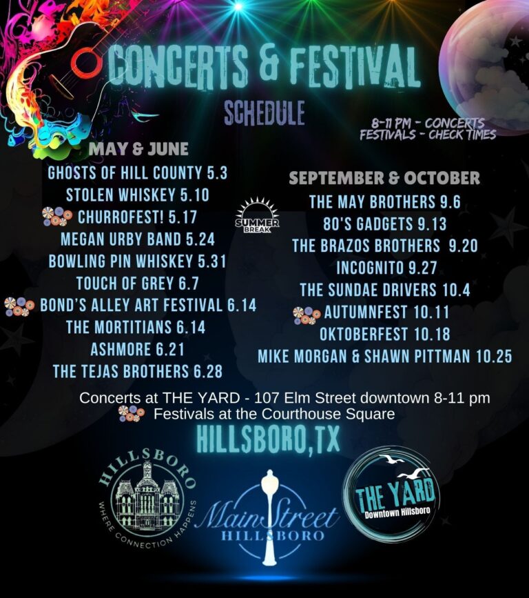 Concert and Festival Schedule Summer 2025 Hillsboro Texas 768x867