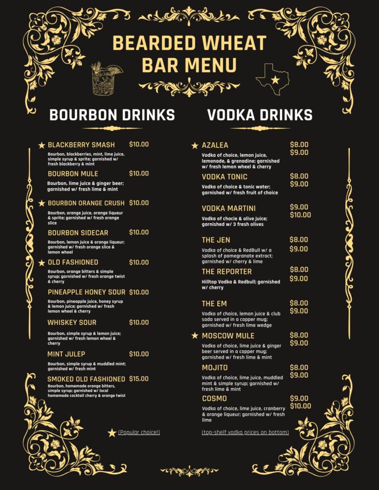 Bearded Wheat distillery downtown hillsboro texas drink menu 1 768x994